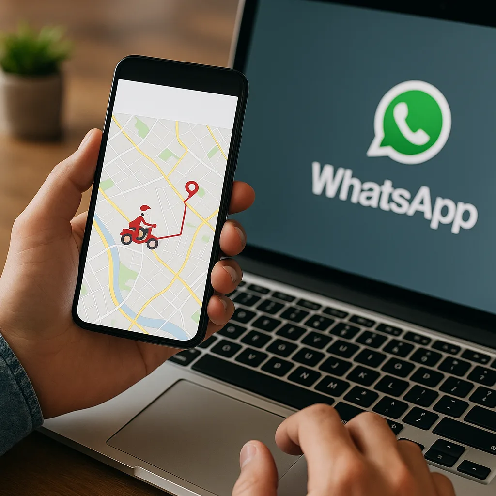 Persona utilizando un smartphone para seguir la ubicacion de un repartidor en mapa junto a una laptop con el logo de WhatsApp, representando seguimiento en tiempo real y contacto directo.