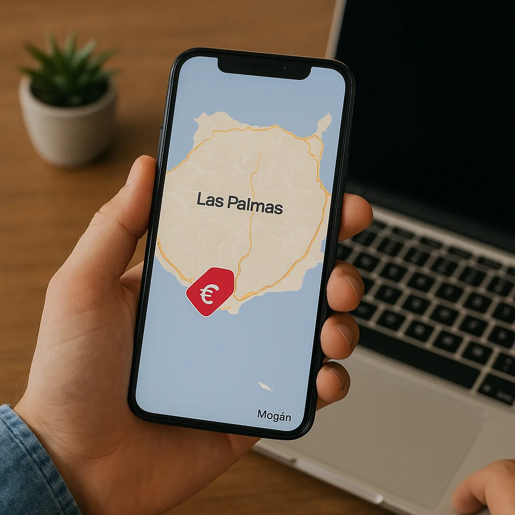 Mapa de Las Palmas en la pantalla de un smartphone sostenido por una mano, con icono de euro rojo representando tarifas claras y cobertura local del servicio Deligos.